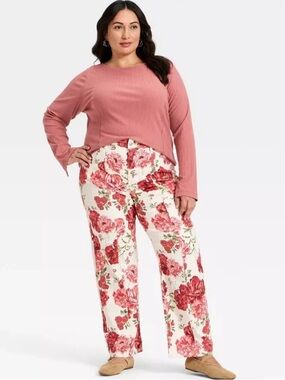 Ava & Viv Women's High-Rise Straight Leg Jeans Rose Print, Sz 26 Plus Size NWT